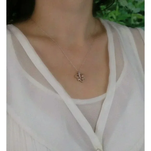 14k White Gold and Yellow Gold Diamond Necklace Leaf Necklace 18 inch chain